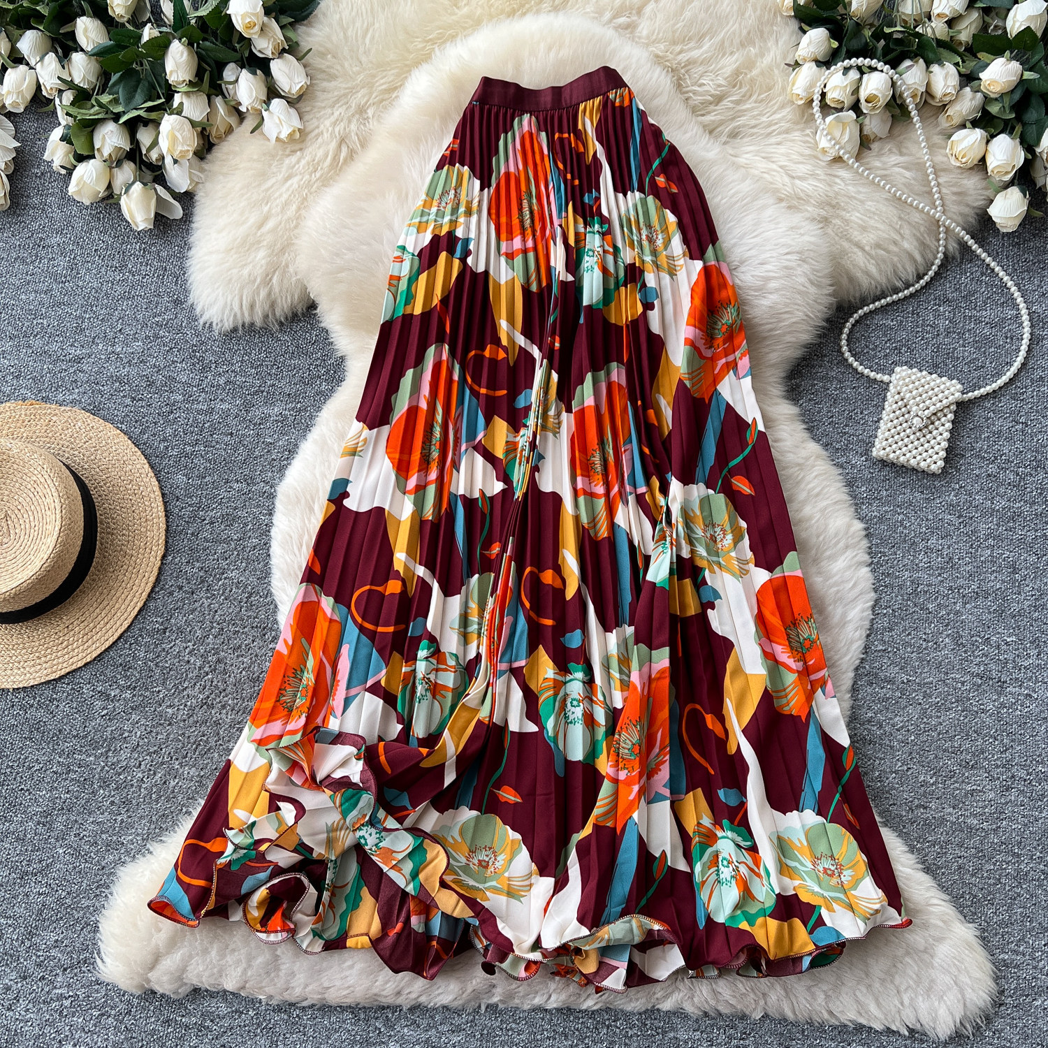 High Waisted Slimming Pleated Midi Skirt for Women French Style Printed A-Line Perfect for Summer Vacation And Work_ecoleips.com
