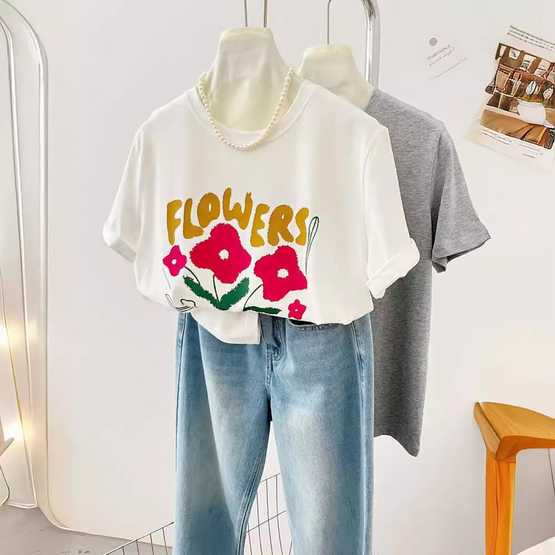 Crewneck Printed New Modal Short-sleeved T-shirt All-match Dongdaemun Age-reducing Women's Loose Flower Shoulder Top