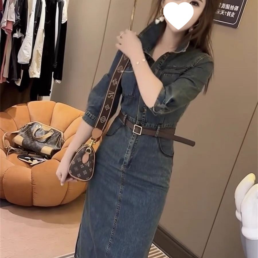 2026夏季新款感复古显瘦小个子法式蓝色牛仔长袖连衣裙子女装