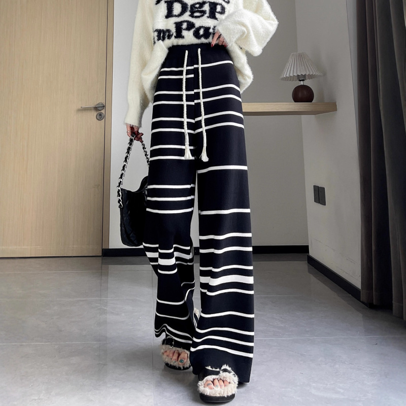 慵懒风不规则条纹针织长裤女秋季新款高腰设计感显瘦阔腿长裤子|undefined