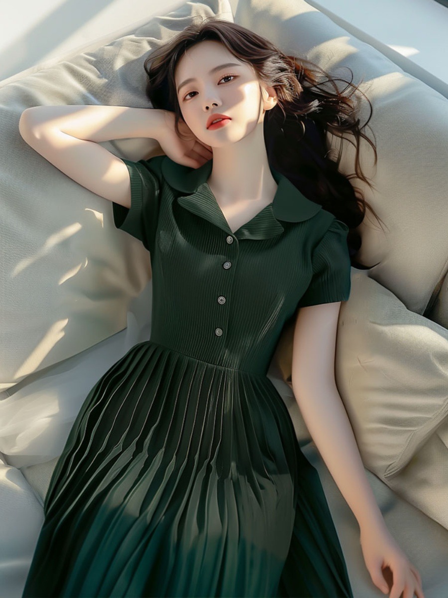 Đầm liền kiểu áo sơ mi xanh lá cây vai chính tinh tế dáng dài khí chất Pháp — Màu xanh lá chi tiết 4