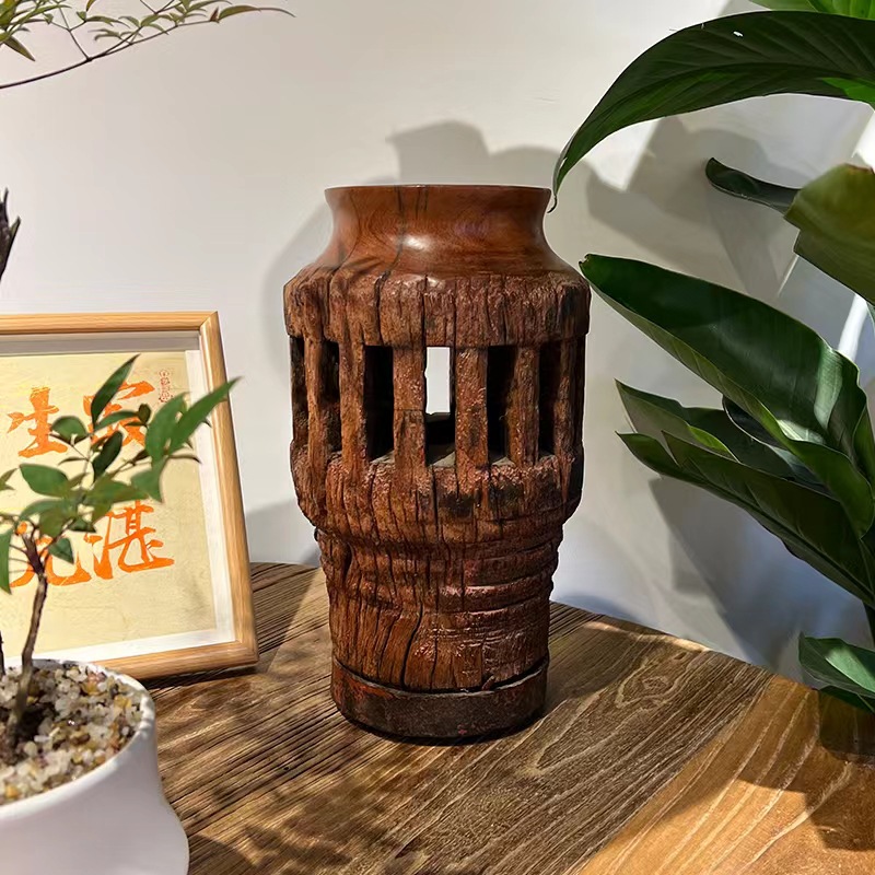 缅甸花梨老车轮工艺品创意雕刻花瓶花器木质工艺品摆件风化老物件