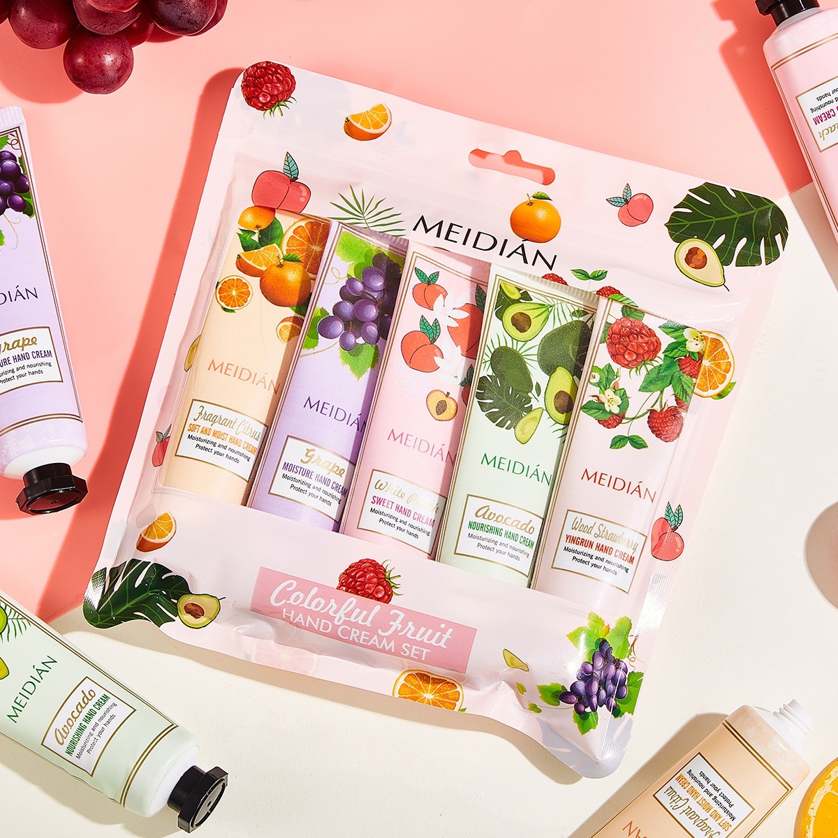 English version of the MeiDian five-piece set of fruity hand cream, moisturizing, nourishing, long-lasting fragrance, hand care hand mask cream