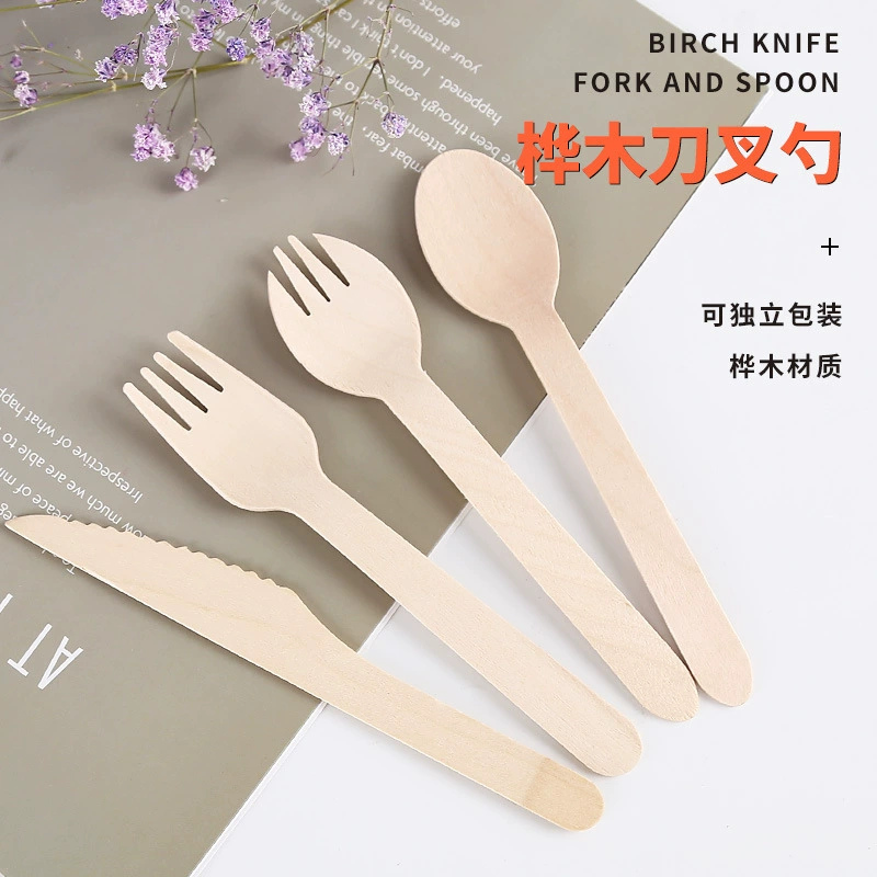 Разлагаемая одноразовая деревянная Березовая посуда деревянный нож деревянная вилка деревянная Ложка Вилка для фруктов ложка для мороженого горячее тиснение логотипа