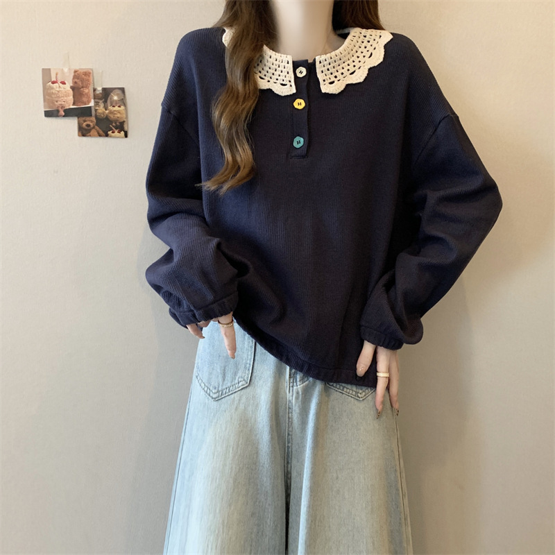 Lace Doll Collar Navy Blue Right Shoulder Sweatshirt Plus Size Women's 2025 Spring & Fall Fat mm Bottoming Shirt with Colorfulful Buttons