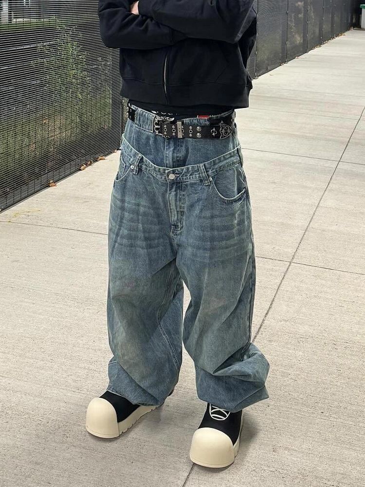 Gran tamaño de diseño americano deconstrucción de doble cintura cabeza jeans niños calientes retro suelta bf flojo viento slippers