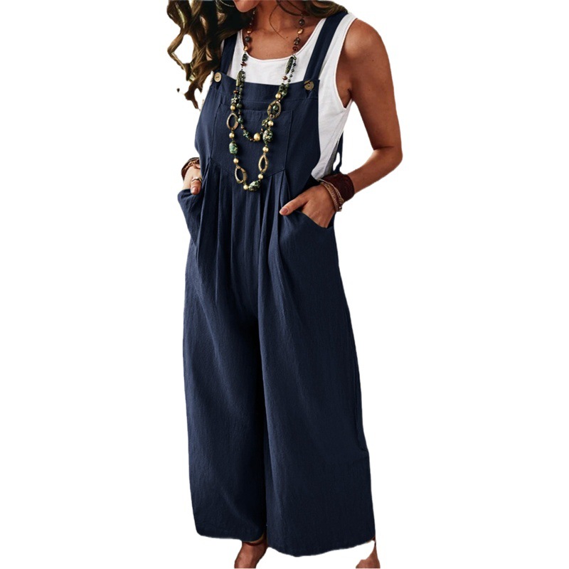 2024 deseo de las mujeres Amazon eBay engrosada algodón lino color sólido sin mangas bolsillo casual pierna ancha hebilla lateral mono