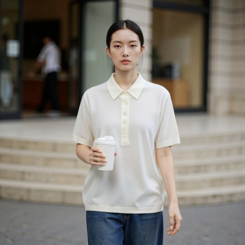 Ai Button-Down Polo Collar Short-Sleeved 100% Pure Wool Sweater for Women, Early Spring New Casual Knitwear Sweater