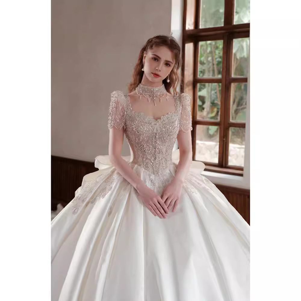 Vestido de novia principal de satén francés, modelo nuevo 2025 para novias pequeñas, artesanía de alta calidad, alta gama, talla grande, cola larga D106