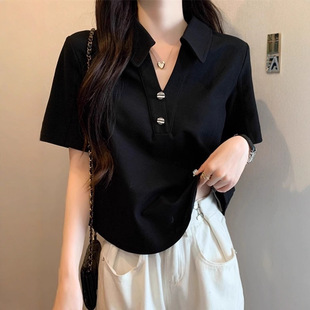Black Right Shoulder Polo Collar Shirt for Women Summer 2025 European Large Size Fat mm Slim Retro Short-Sleeved T-Shirt Top