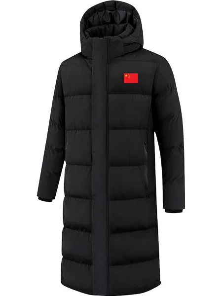 National team sports cotton coat, long over-the-knee, fleece-lined, suitable for physical education, martial arts coaches, and as a warm winter coat; also available as a down-filled cotton coat