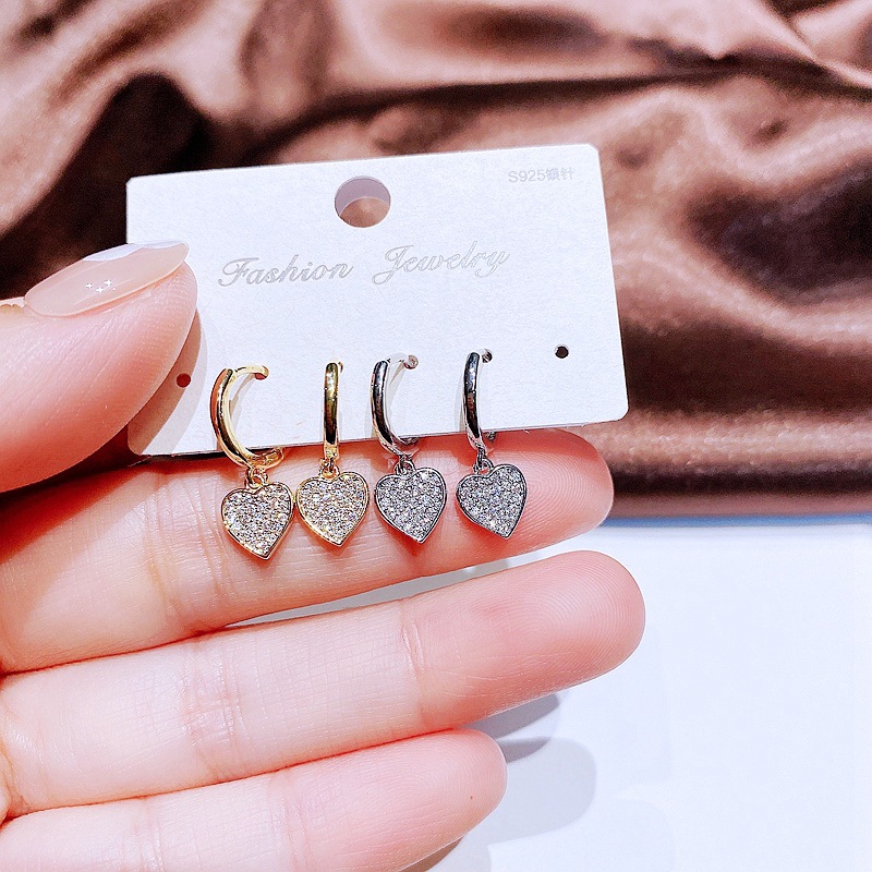 Fashion Heart Shaped Pendant Micro Inlaid Zircon Ear Clip Small Earrings