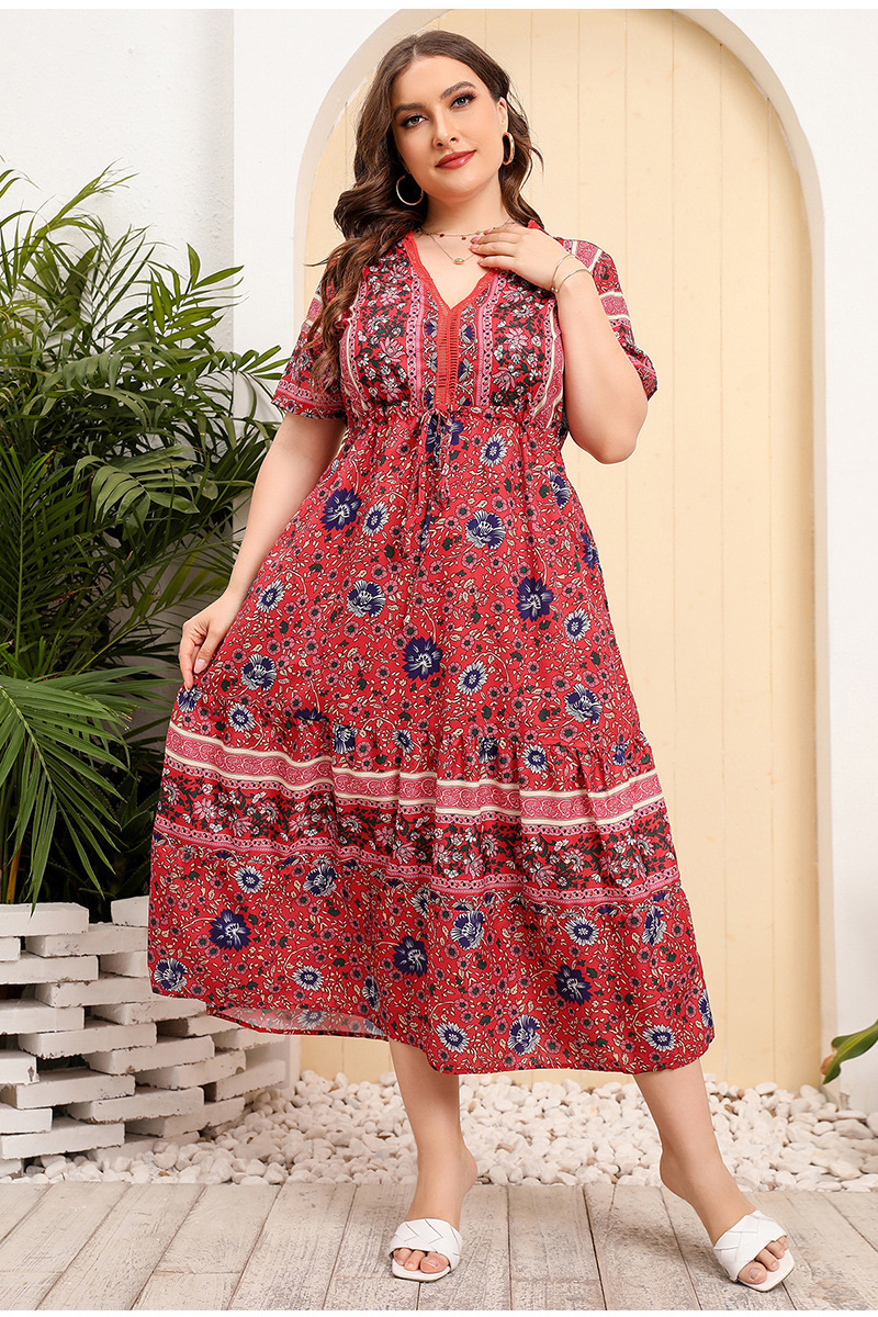 Swing Dress Ethnic Style V Neck Patchwork Straps Lace Short Sleeve Ditsy Floral Maxi Long Dress Daily display picture 1