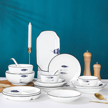 创意碗盘碟陶瓷餐具卡通家用年年有鱼菜盘饭碗组合大汤碗鱼盘套装