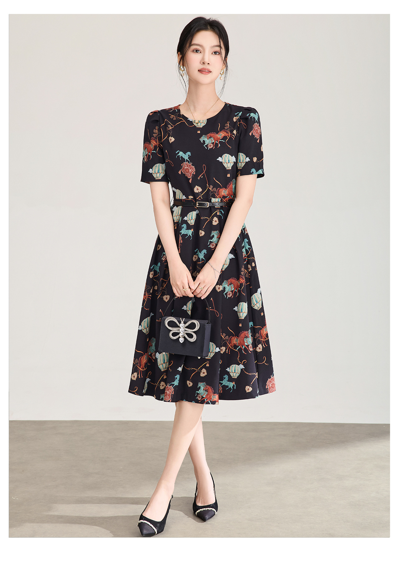 Đầm chữ A tay ngắn in họa tiết chiffon mùa hè — màu đen chi tiết 11