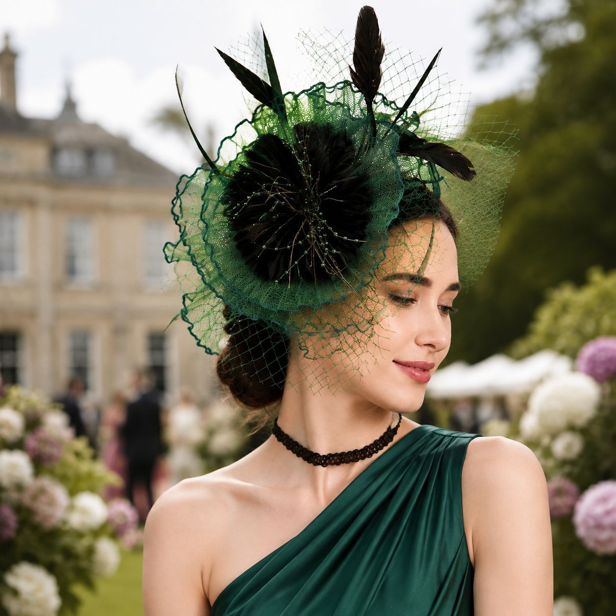 Exaggerated British-style mesh feather fascinator, socialite party headpiece, vintage bridal hair accessory, factory direct stock