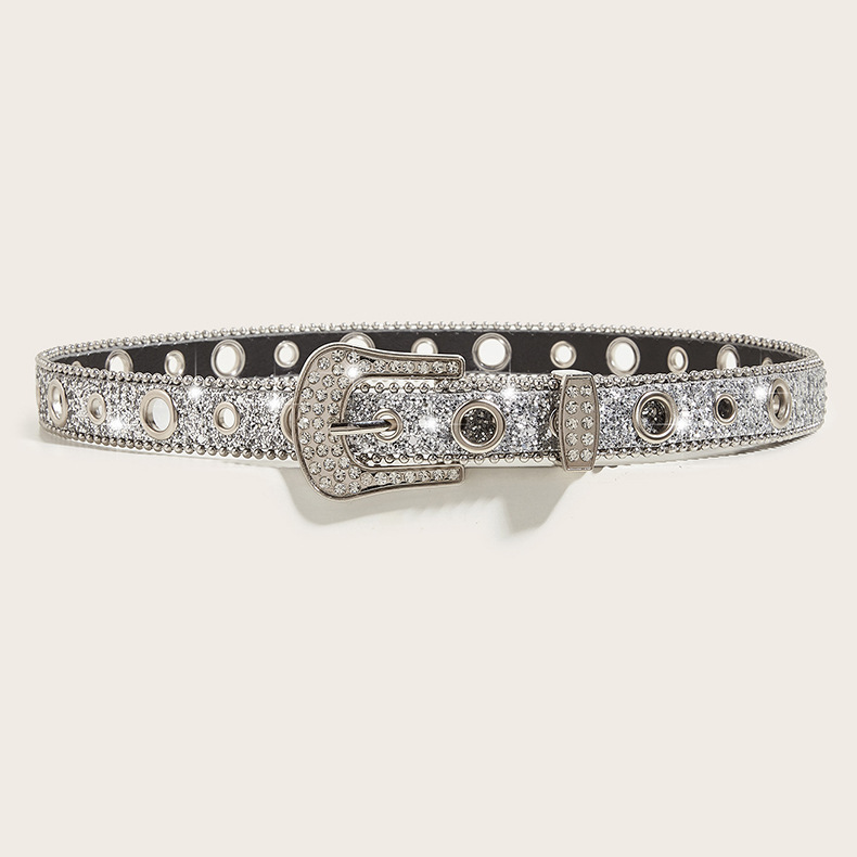 2024 New Fashion Versatile Water Diamond Willow Nail Silver Needle Button Thin Belt Women's Jeans Belt Dress Decoration Narrow Accessories_viptrois.com