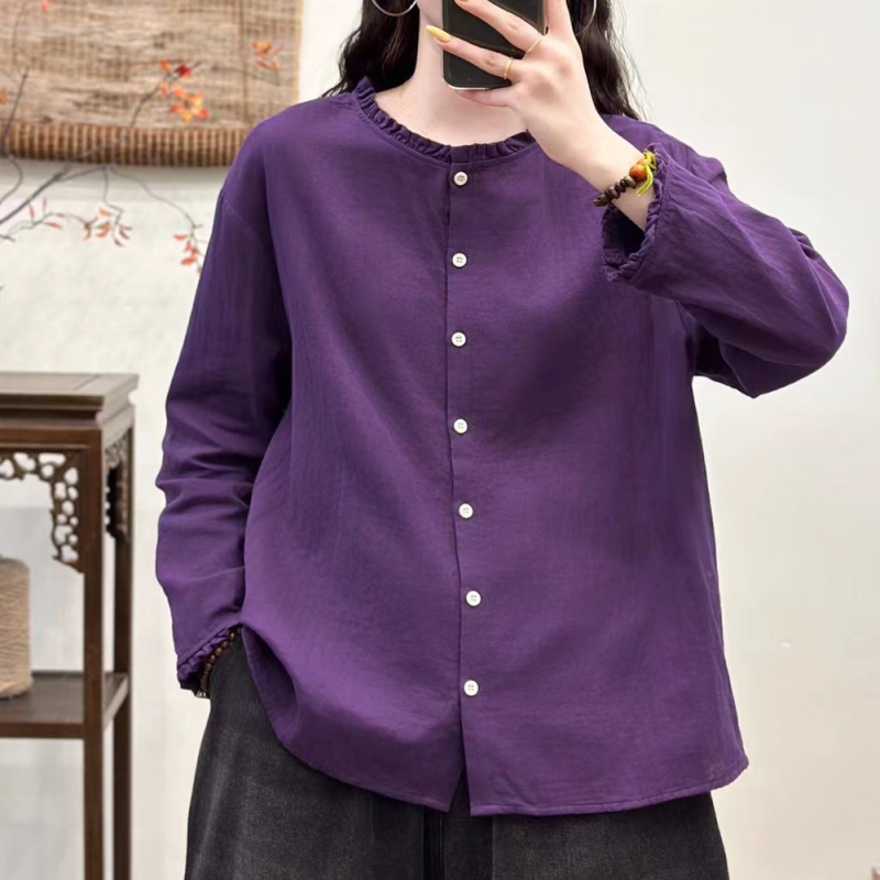 木耳领双层棉纱长袖T恤女新款宽松棉质衬衫开衫上衣衬衣|undefined
