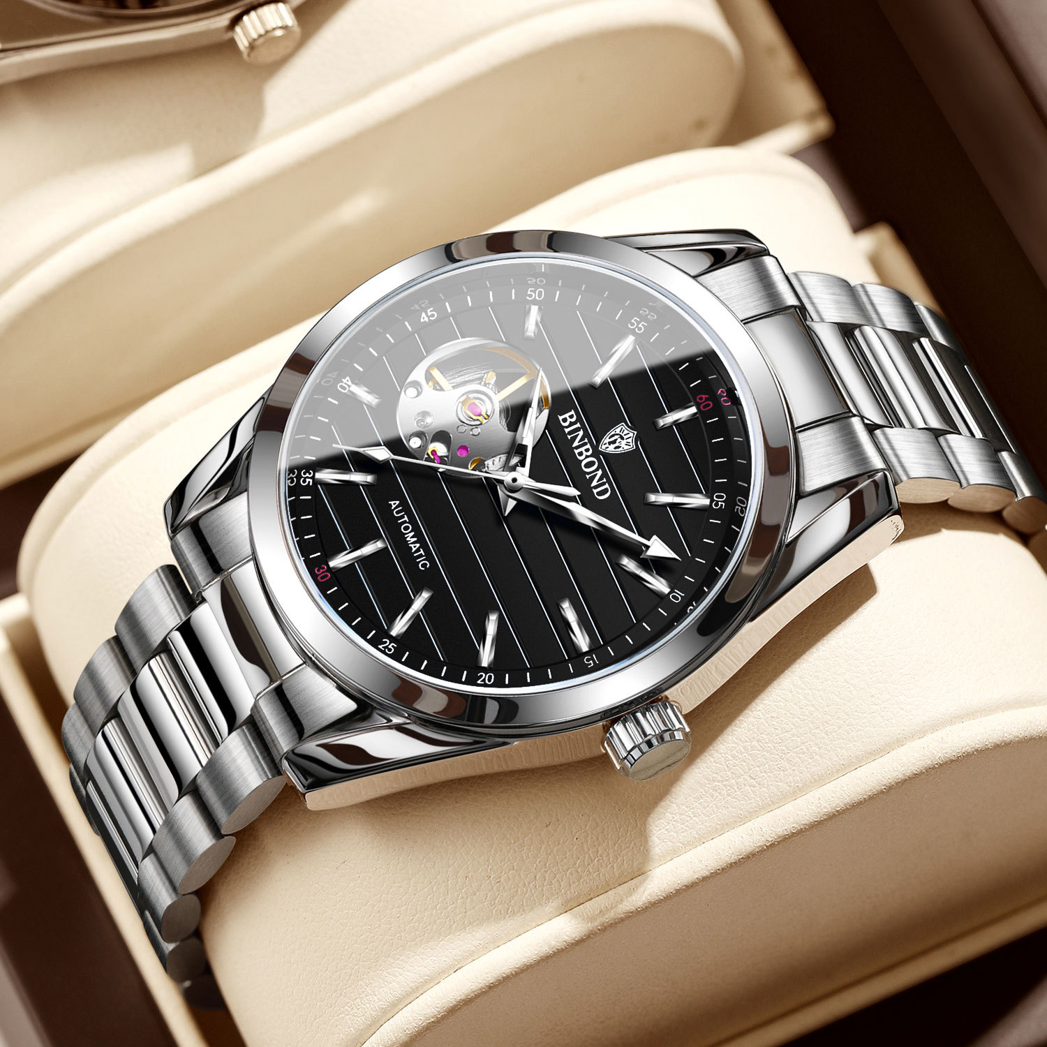 Binbang Fully Automatic Mechanical Watch Men's Business Casual Luminous Waterproof Watch Steel Belt Hollow Watch Genuine Men's Watch