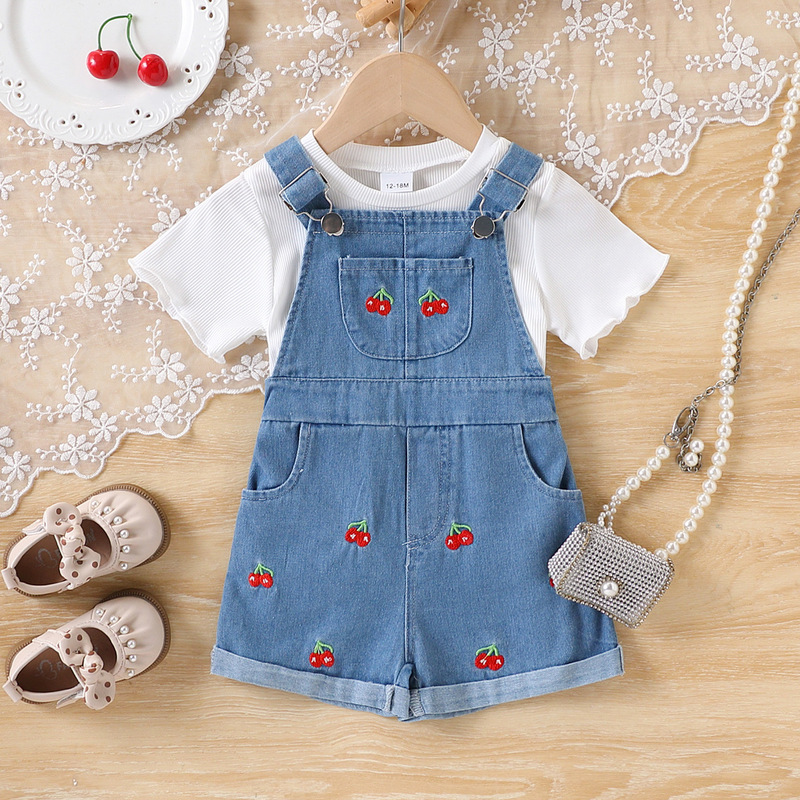 European and American Infant and Toddler Suits White Short-Sleeved T-Shirt Tops + Cherry Retro Denim Overalls Two-Piece Set for Trendy Kidsren