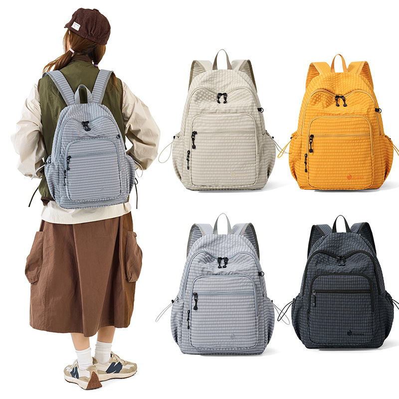 跨境新款双肩背包撞色格纹双肩包复古通勤电脑背包学生大容量书包