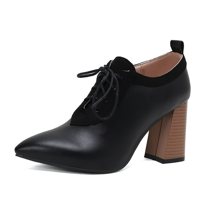 Spring New Pointed Toe Lace-Up Thick Heel Flats Export Large Size Women's Shoes 2402 White Black Red Yellow Brown