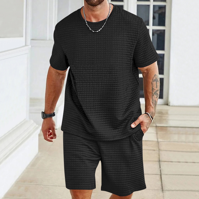 新しい国境を越えた男性スポーツレジャーセット純色丸首tシャツパンツ2点セットファッション男性服夏セット|undefined