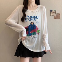 竹节罗纹 成品现货 宽松休闲卡通印花薄款透气衣罩衫上衣T恤