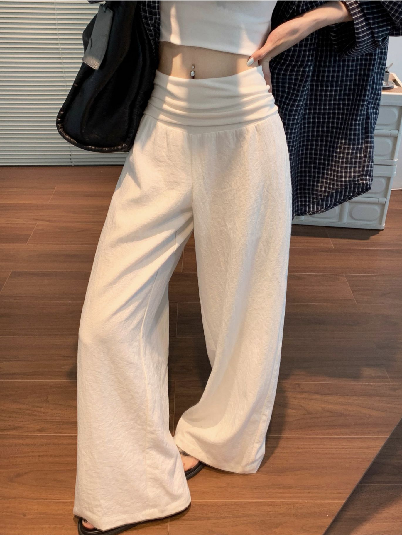 Verano mujeres embarazadas pantalones anchos de algodón Tiansi blanco mujeres embarazadas estilo fino vacaciones viento vientre viejo dinero viento pantalones casuales rectos