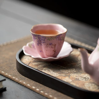 粉汝紫藤猫咪茶杯陶瓷梅花杯高颜值个人专用主人杯中式精致品茗杯