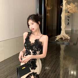 蕾丝拼接吊带连衣裙女夏季v领性感开叉长裙不规则风情万种的裙子