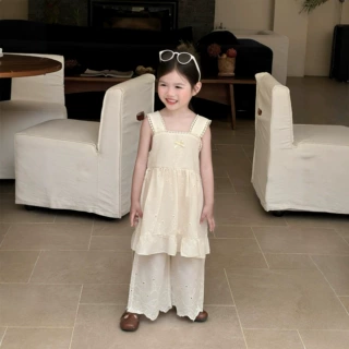 2026夏季女童甜美公主重工绣花后背系结长款吊带上衣+阔腿裤套装