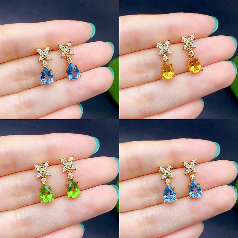 New S925 Sterling Silver Water Drop Earrings Inlaid with Various Natural Gemstones, Vibrant and Attractive, from the Source Factory Store