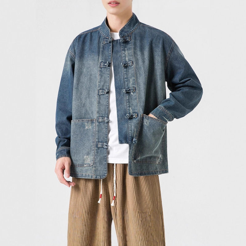 Denim Jacket Men's Autumn and Winter Chinese Style Men's Clothing Ancient Style Loose Large Size Youth Cheongsam Chinese Tang Suit