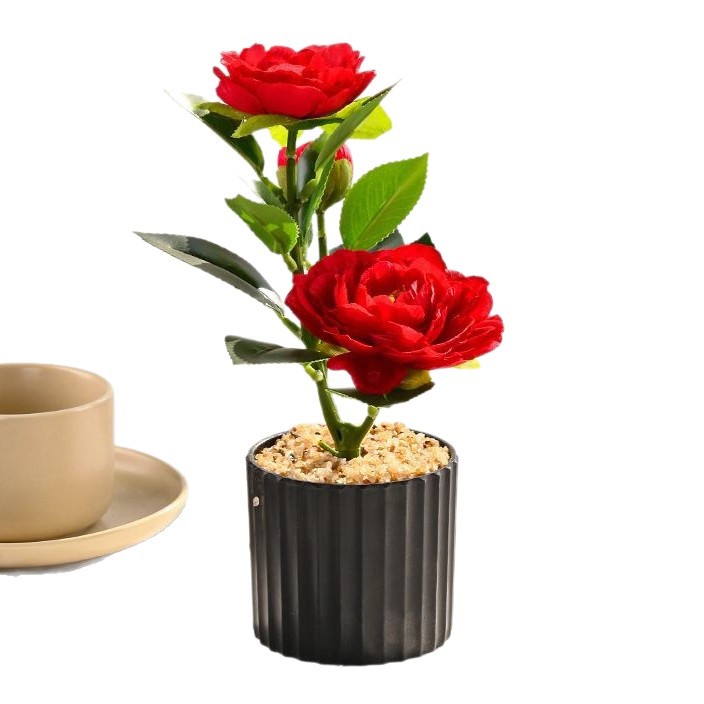 Bonsai pequeño de camelia de tres cabezas transfronterizo, flores de simulación creativa, decoración de estudio fotográfico para el hogar, plantas verdes artificiales, plantas en macetas de simulación image 6
