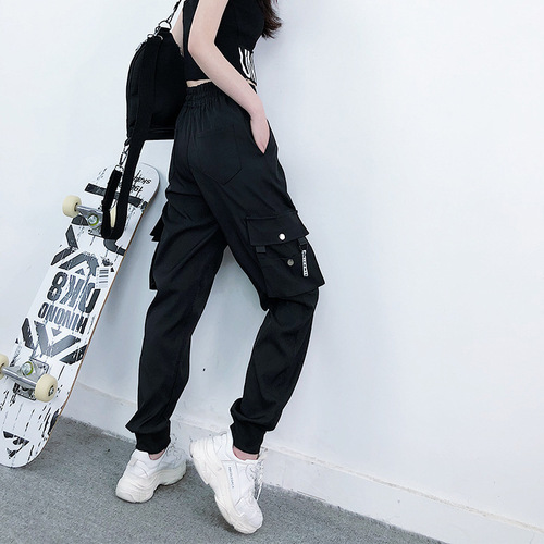 Women's oversized baggy cargo pants, boyfriend style, ankle-tied, trendy brand, short-stature-friendly harem pants, black pants for women, Korean-style straight-leg pants.