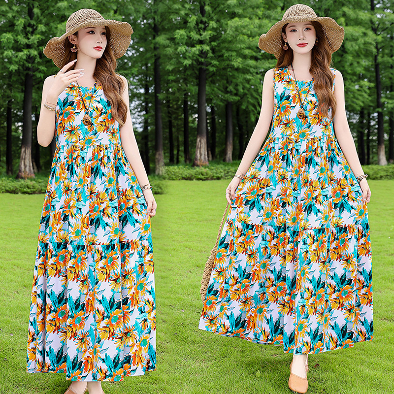 Floral Sleeveless Cotton Silk Dress, New Summer Style, Fashionable, Loose and Slimming, Seaside Vacation Vest Long Dress