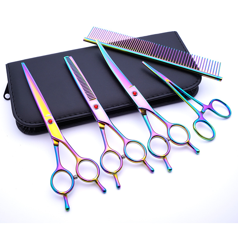 Directo de fábrica de acero inoxidable para mascotas tijeras de belleza profesional perro corte de pelo fino curvado tijeras de diente perro corte de pelo conjunto