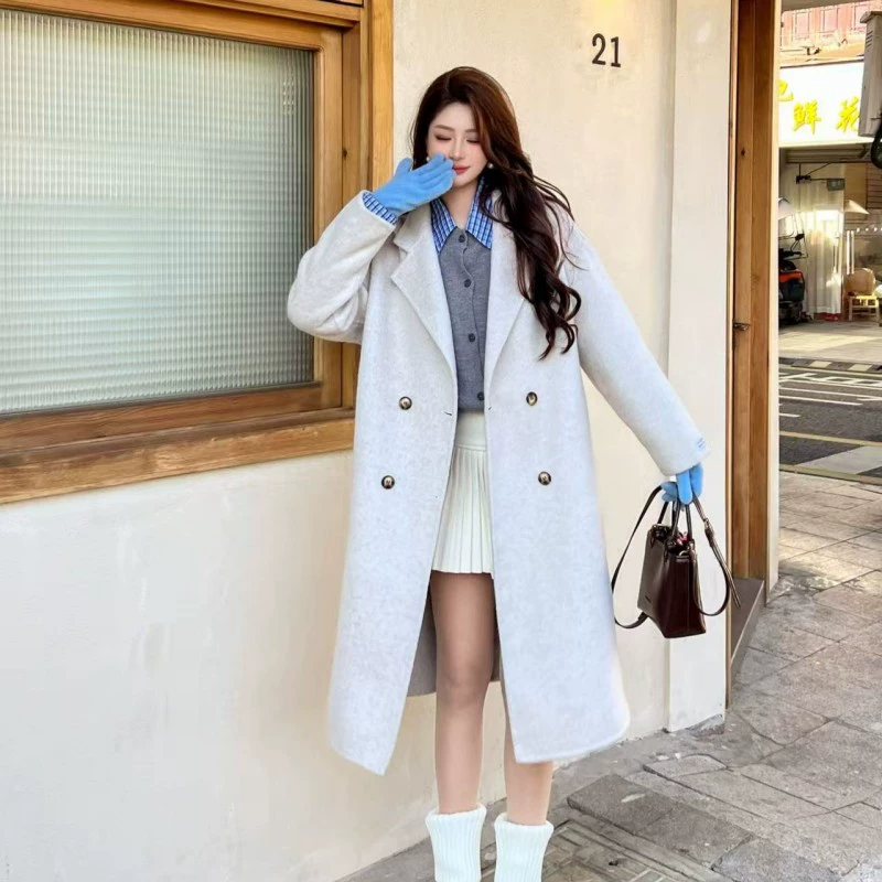 Double-faced Long Wool-Cashmere Coat, Korean Style, Fitted Demi-Season, Longline