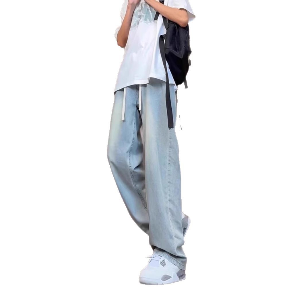 Light Blue Ice Silk Jeans Men's Thin Summer Straight Youth Pants Extra Long Tall Drawstring Wide Leg Pants