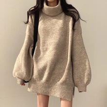 韩国chic秋季复古百搭高领套头宽松灯笼袖侧开叉中长款针织毛衣女