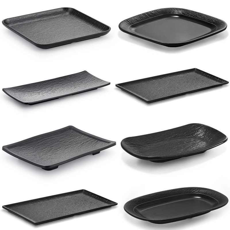 A5 멜라민 고급 식기 크리에이티브 블랙 프로스트 바베큐 플레이트 직사각형 바베큐 플레이트 상업용 모조 도자기 서양 접시