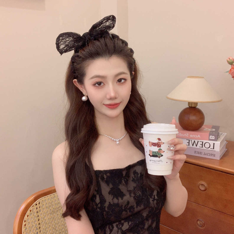 甜美蕾丝兔耳朵蝴蝶结齿梳发箍女2025新款高颅顶防滑头箍时尚发饰|undefined