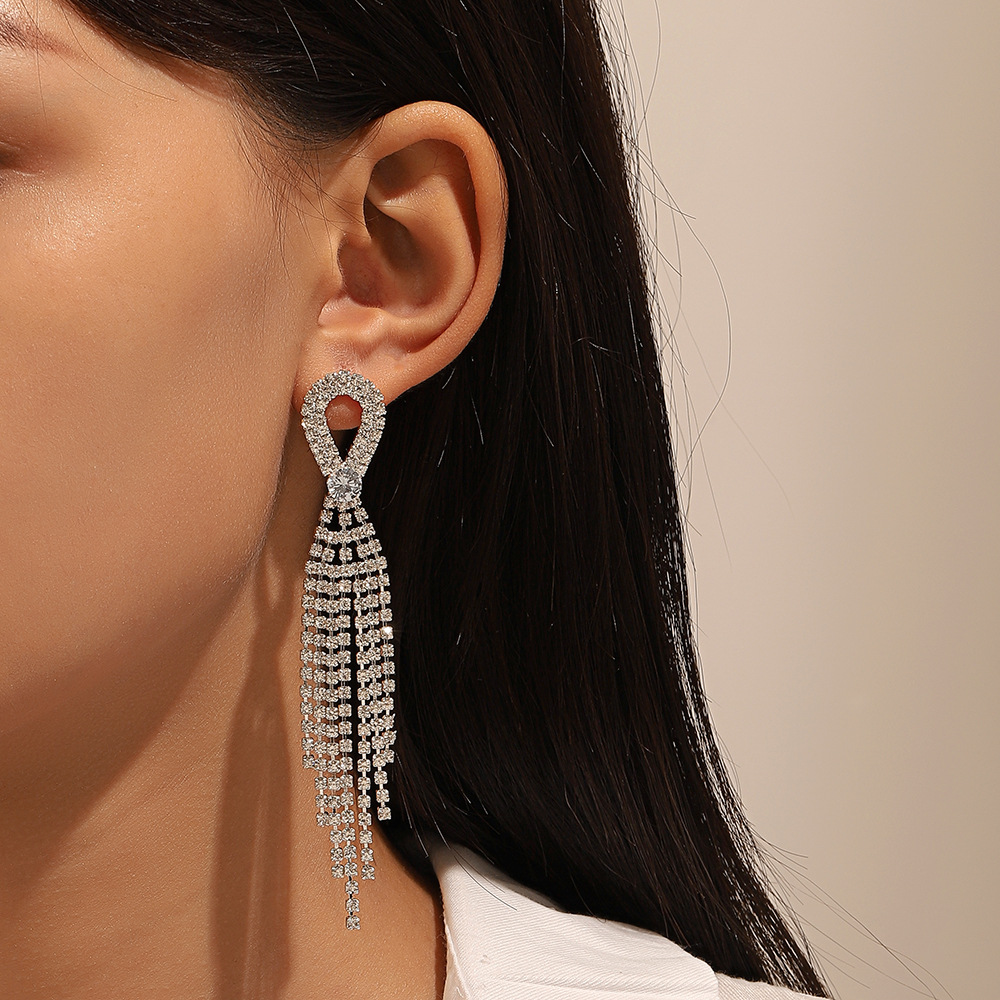 Exaggerated Tassel Rhinestone Drop Earrings For Women Elegant Style_voghion.com