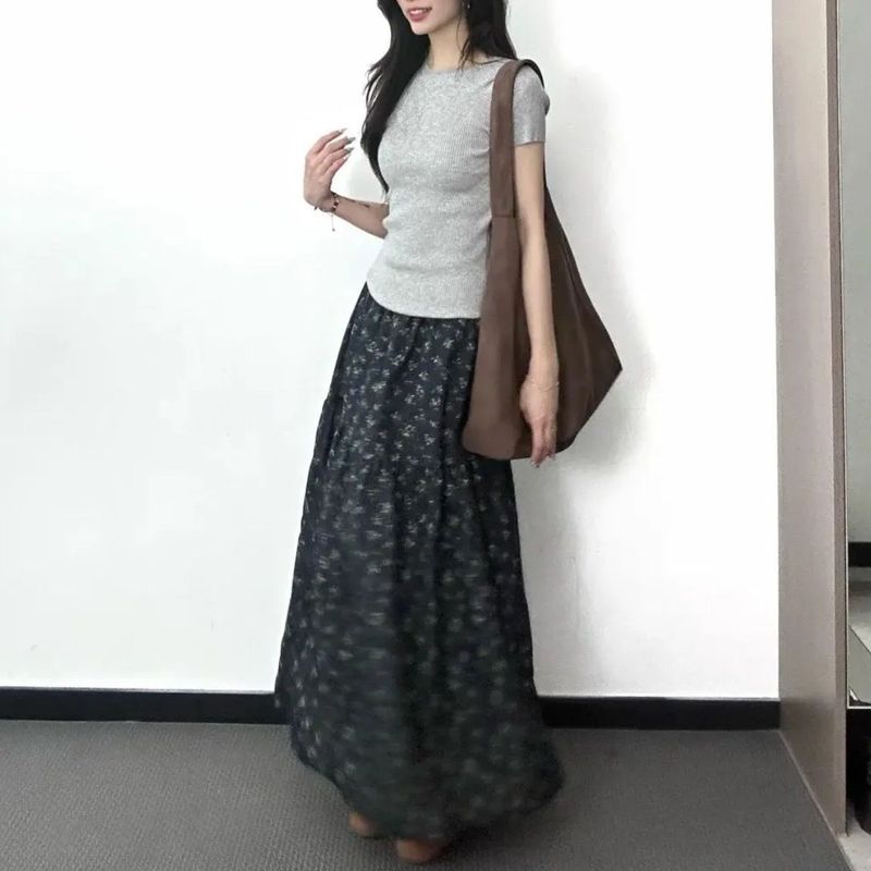 藏青色碎花半身裙女中长款2025新款春夏高腰显瘦小个子a字蛋糕裙|undefined