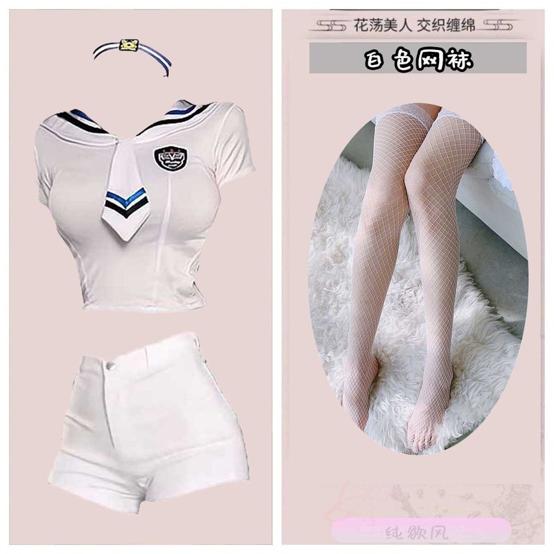 甘くてクールなホットガール日本のネットセレブ衣装セーラー服ネイビーネクタイショートトップ純粋な欲望ジーンズ2点セット|undefined