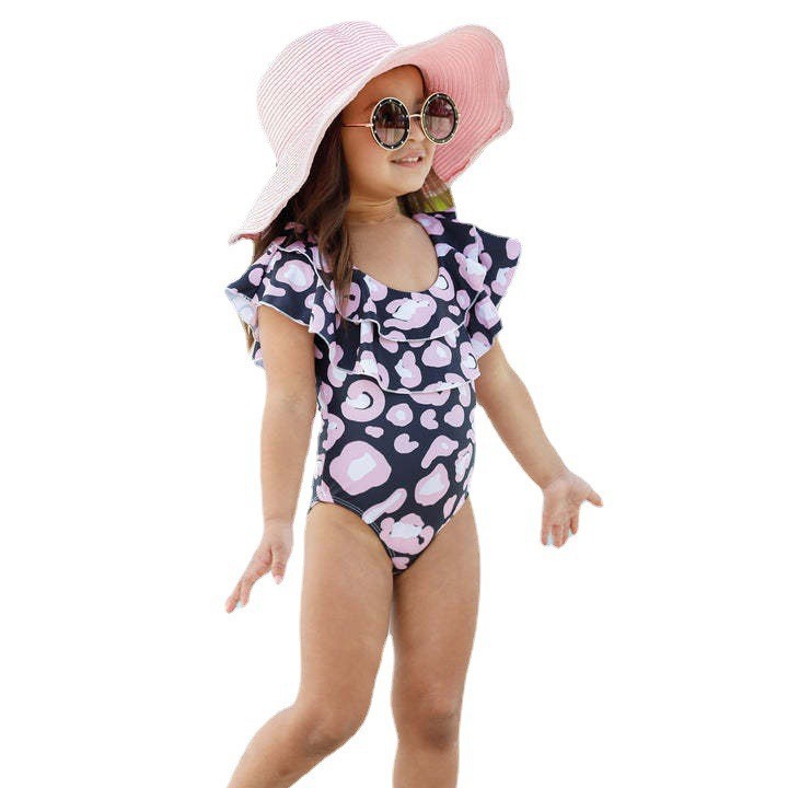 2023 verano nuevo traje de baño de las niñas estilo coreano volantes triángulo traje de baño de una pieza estilo occidental leopardo estampado traje de baño de los niños