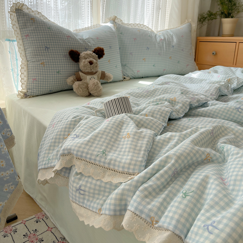 Juego de cuatro piezas de cama de edredón de verano de algodón lavado al aire princesa 2025 nuevo traje de tres piezas de ropa de cama de encaje hueco