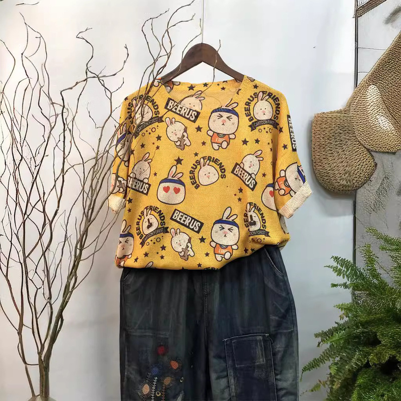 2025 New Summer Original Printed Knitwear Casual Loose Back Girl Hemp Thin Round Neck Short Sleeves