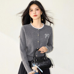 R5336学生休闲蝴蝶结针织开衫2025秋新款女装韩系蕾丝拼接毛衣